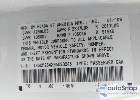 2009 Honda Accord 2.4 Lx-P z USA, uszkodzony, nr VIN 1HGCP264X9A093245